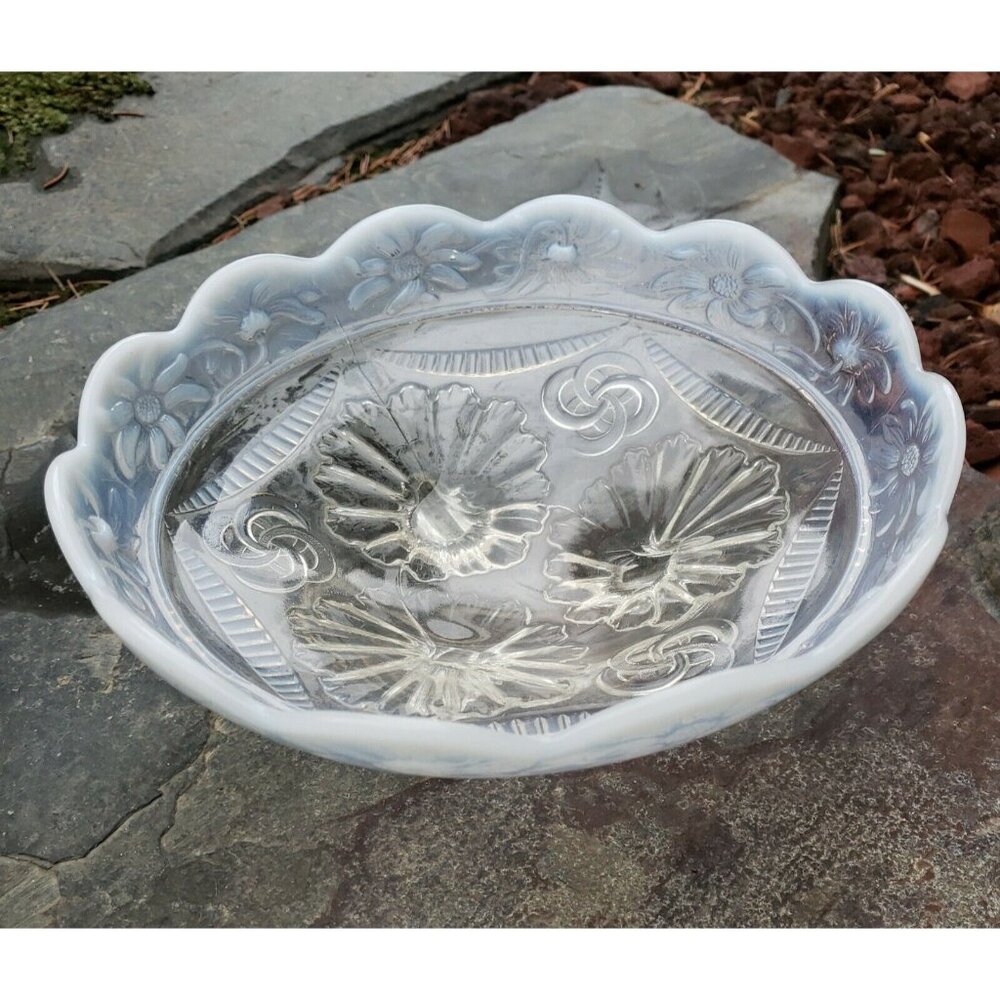 Northwood Ruffles and Rings Glass Bowl Opalescent Footed Scallop Rim 8" Antique